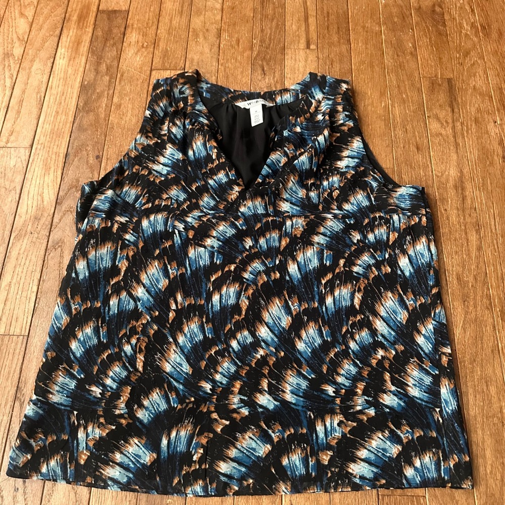 WHBM Blouse Womens M‎ Sleeveless V-Neck Feather Print Blue Black Modern Career